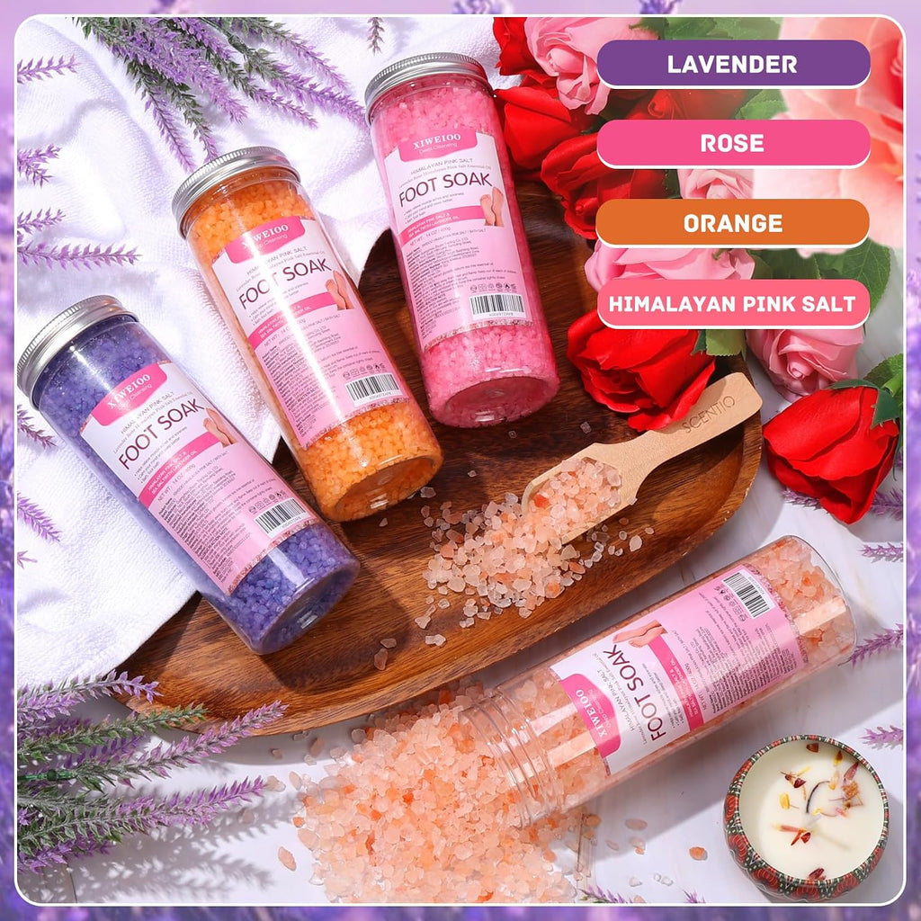 XIWEIOO Kit Sales para Baño de Pies 4 Pack 56 oz | Sal Himalaya, Lavanda, Naranja, Rosa | Aceite de Árbol de Té | Pedicura y Cuidado de Pies