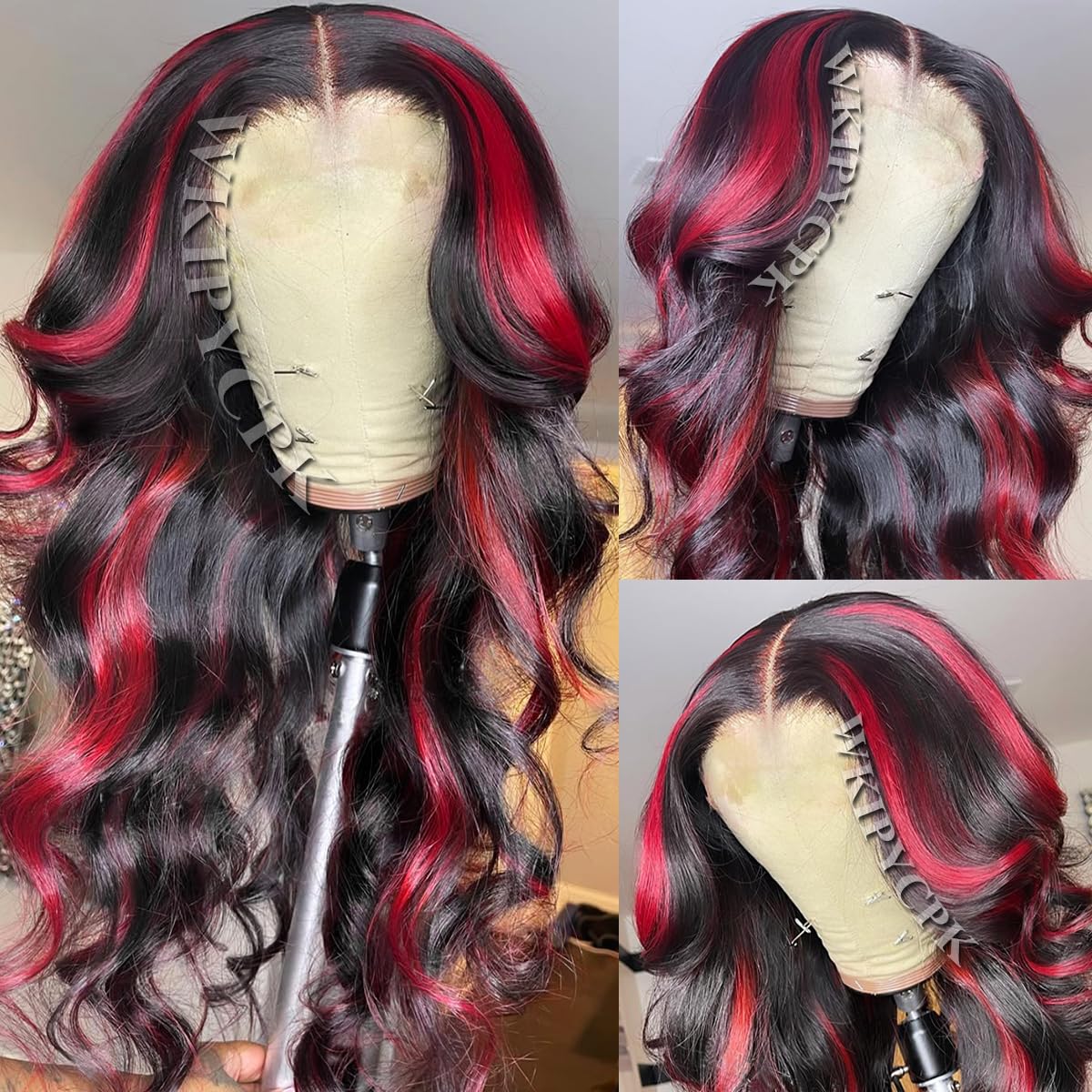 WKIPYCPK Red Highlight Lace Front Synthetic Wig Black Hair with Red Skunk Stripe 13x4 HD Lace Front Wigs Pre Plucked Heat Resistant 24 Inch Long Body Wave Wig for Fashion Women