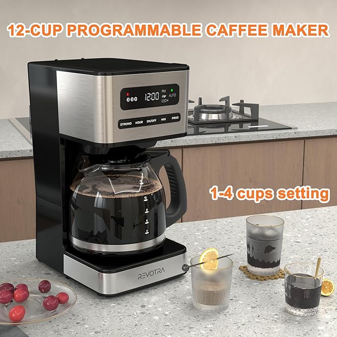 Cafetera Programable REVOTRA 12 Tazas | Café Regular, Fuerte y con Hielo | Timer 24H | Apagado Automático