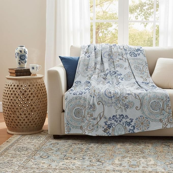 Manta de Forro Polar con Patrón de Cachemira Azul y Verde – Suave, Cálida y Decorativa para Todas las Estaciones
