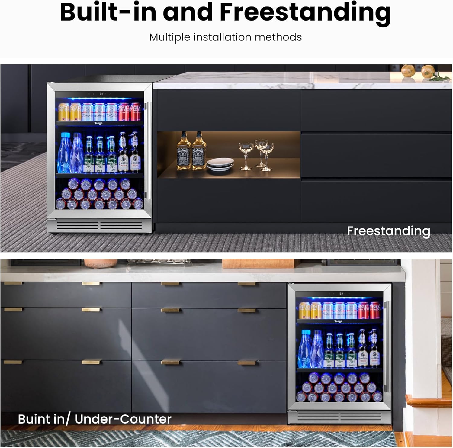 Refrigerador de bebidas Yeego - Mini refrigerador de 24 pulgadas con capacidad para 180 latas y puerta de cristal