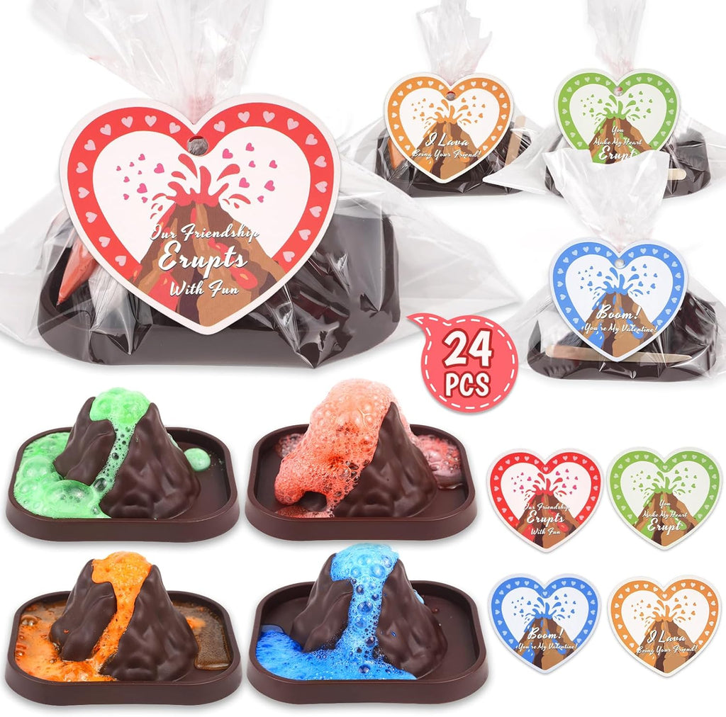 Valentines Day Gifts for Kids Classroom: 24 Pack Erupting Volcano Science Kit with Cards, 4 Lava Colors, STEM Educational Toys for Boys Girls Classroom Exchange Gifts Prizes School Party Favors