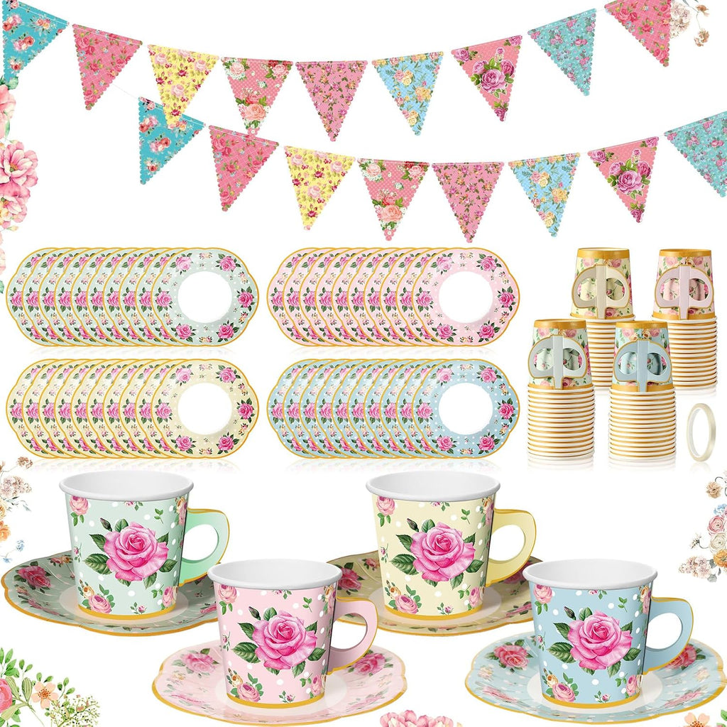 Umigy 98 piezas de decoración para fiesta de té, guirnalda floral de papel de 7,9 m, tazas de té de papel floral de 184 g con platos, juegos de tazas y platillos desechables para fiestas de cumpleaños de niñas y mujeres (clásico).