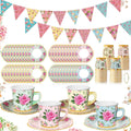Umigy 98 piezas de decoración para fiesta de té, guirnalda floral de papel de 7,9 m, tazas de té de papel floral de 184 g con platos, juegos de tazas y platillos desechables para fiestas de cumpleaños de niñas y mujeres (clásico).