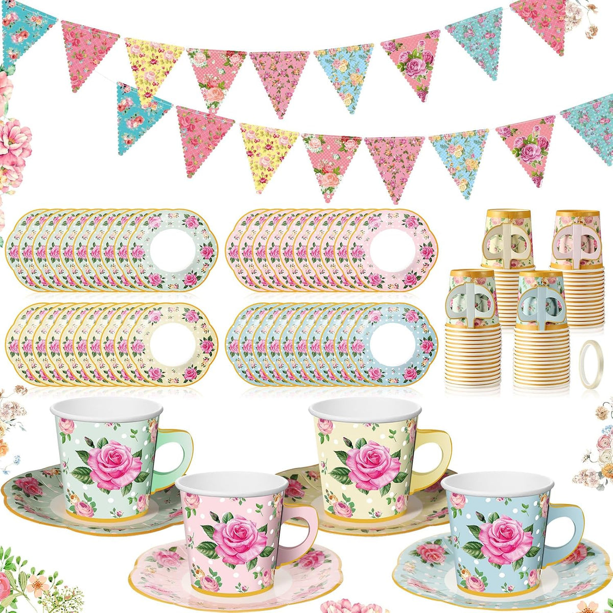 Umigy 98 piezas de decoración para fiesta de té, guirnalda floral de papel de 7,9 m, tazas de té de papel floral de 184 g con platos, juegos de tazas y platillos desechables para fiestas de cumpleaños de niñas y mujeres (clásico).