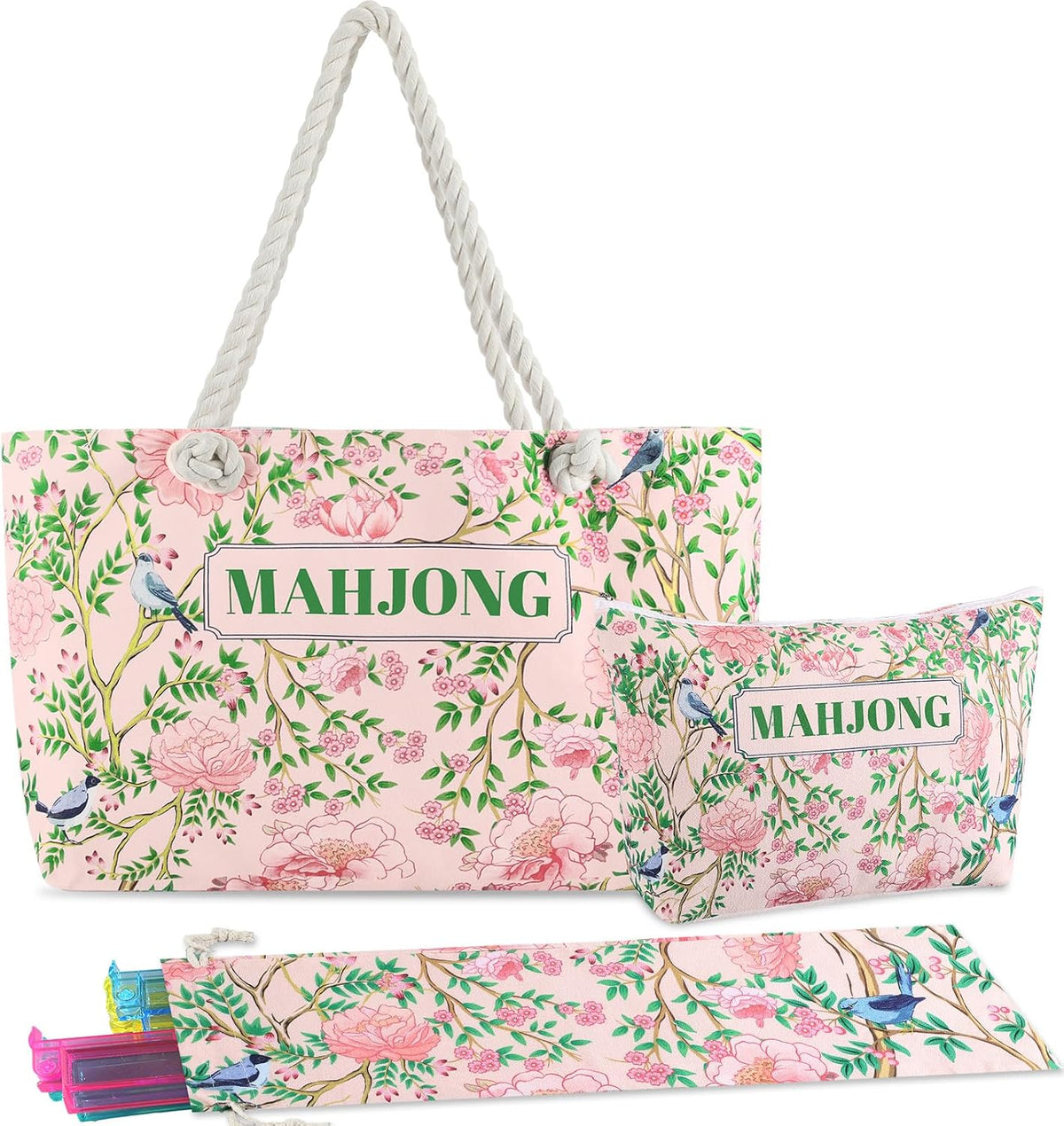 contiene 3 piezas Set de Bolsas Sunnymove para Mahjong Americano | Estuche 24 x 13 x 4.7 pulgadas para Fichas y Racks | Bolsa de Transporte con Cordon | Solo el Estuche | Chinoiserie