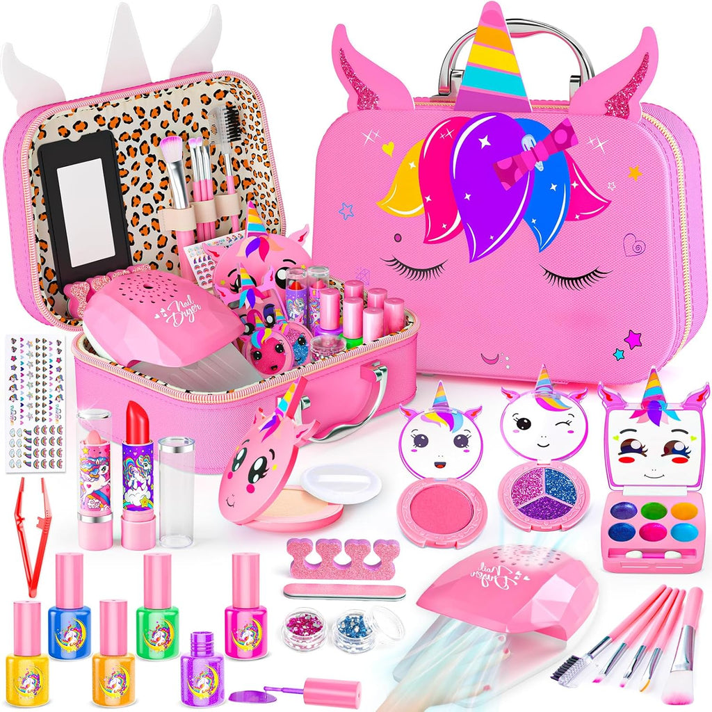 Mqsiuve Kids Makeup Kit for Girl - 2 in 1 Kids Washable Makeup Toys & Nail Art Kit with Nail Dryer and Storage Case, Real Girl Makeup Set Birthday Gifts Toys for 3 -12 Year Old Girls, Pink