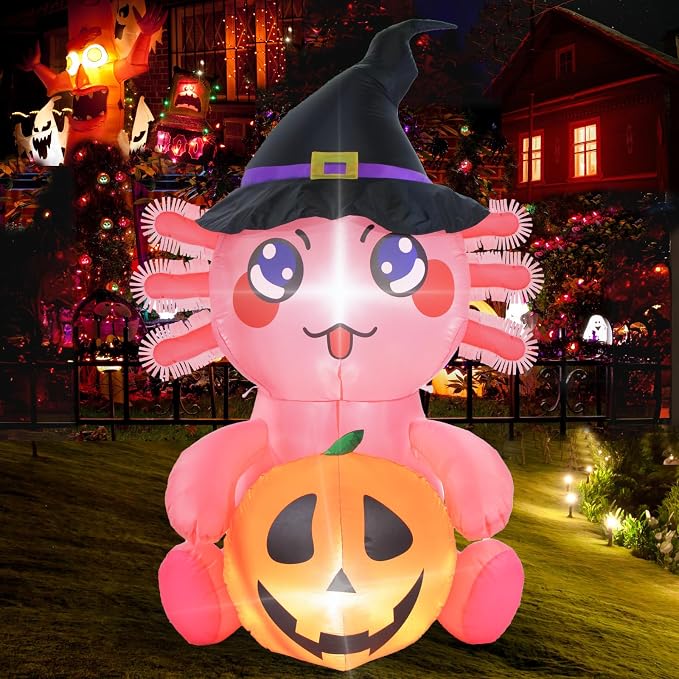LETIME Ajolote inflable de Halloween de 5 pies con calabaza, lindo feliz Halloween, decoraciones al aire libre con luces LED integradas para patio, césped, jardín, fiesta interior, vacaciones