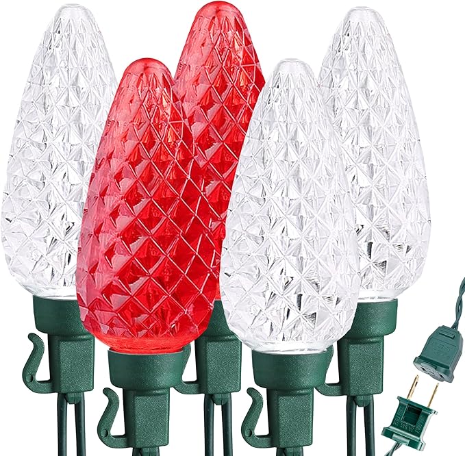 Brizled Luces de Navidad rojas y blancas, 33 pies, 50 luces LED facetadas C9 para exteriores, luz de árbol de Navidad enlazable, luz de Navidad para interiores, con certificación UL, impermeable, para techo de casa, Navidad, día de San Valentín, fiesta