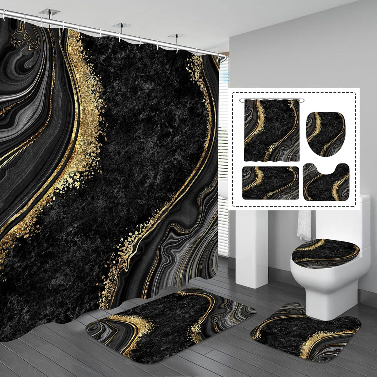 USADO-FALTA EL BASURERO DE BAÑO-Juegos de baño con cortina de ducha y alfombras, juego de accesorios de alfombras de baño con dispensador de jabón, jabonera para decoración del hogar