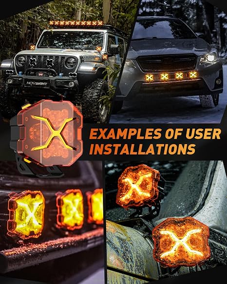 Focos LED NOVSIGHT 4" Off-Road Serie X con DRL Amarillo – Par | Luz de Conducción + Cubierta Ámbar para Camiones, Jeep, Ford, UTV, ATV