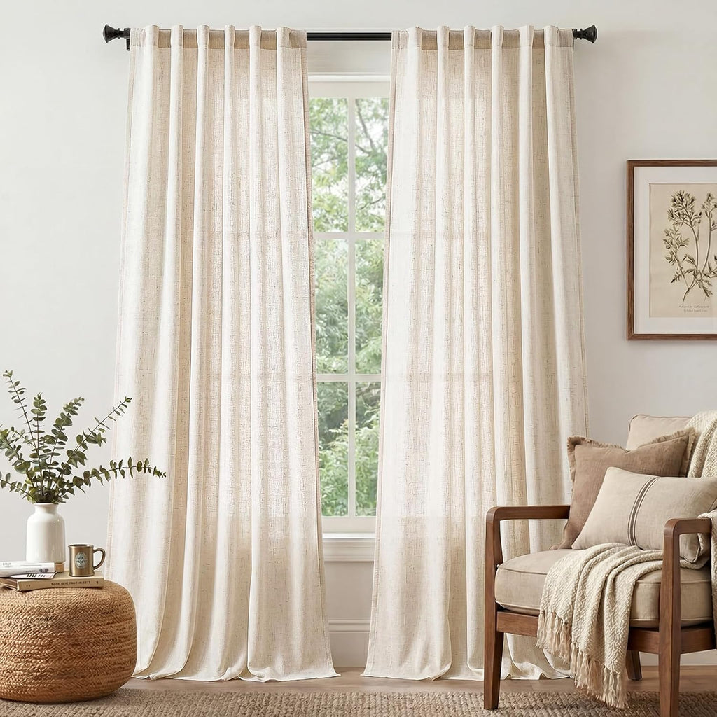 Cortinas Jinchan de mezcla de lino beige, 244 cm de largo, 2 paneles, cortinas de piso a techo para dormitorio y sala de estar, semitransparentes, 127 cm de ancho, estilo rústico natural, con bolsillo para barra y trabillas traseras (127 cm de ancho x