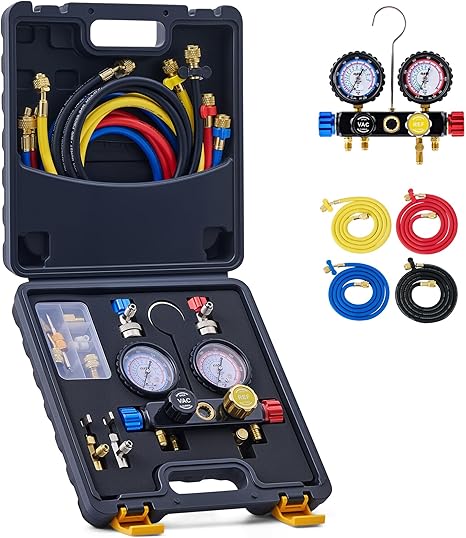 ⚠️ NOTA: LE HACE FALTA MANGUERA NEGRA, UNA VÁLVULA REFRIGERANTE Y CAJITA CON ACCESORIOS – Orion Motor Tech Kit de Manómetros de Diagnóstico AC de 4 Vías R134A, R410A y R22