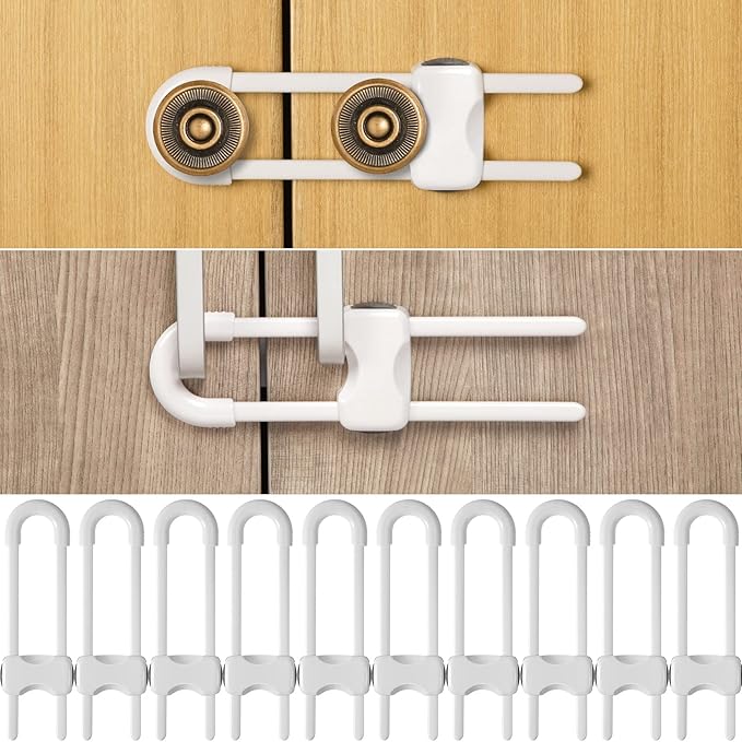 Jetec 10 Piezas de Cerraduras de Gabinete para Bebés, Seguridad de Cajones a Prueba de Bebés con Forma de U, Cerraduras Infantiles Ajustables, Fácil de Usar, Pestillo a Prueba de Niños para Manija