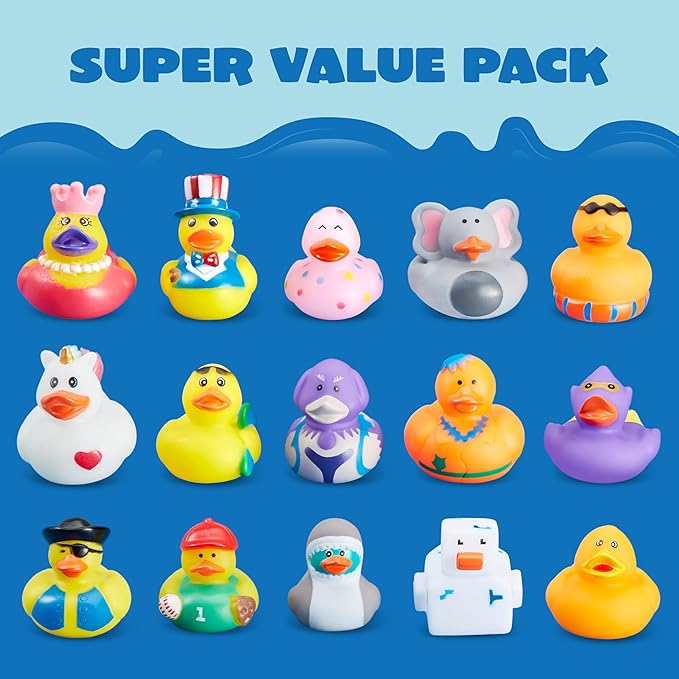 JOYIN 30 piezas de patos de goma, surtido aleatorio de patos a granel con bolsa de transporte de malla, patitos de goma mini para juguetes de baño de bebé, juguetes de verano para niños pequeños