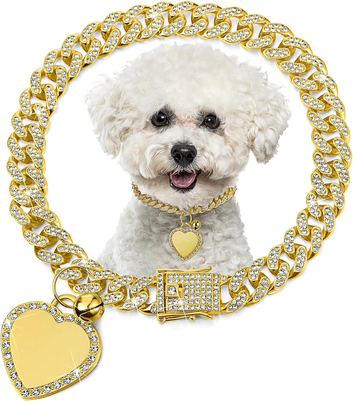 Hillban Collar de Cadena Dorada para Perro con Diamantes | Collar con Corazón de Rhinestones | Placa de Identificación y Nombre Personalizado | Para Perro y Gato Pequeño, Mediano y Grande | Dorado, 8 Pulgadas