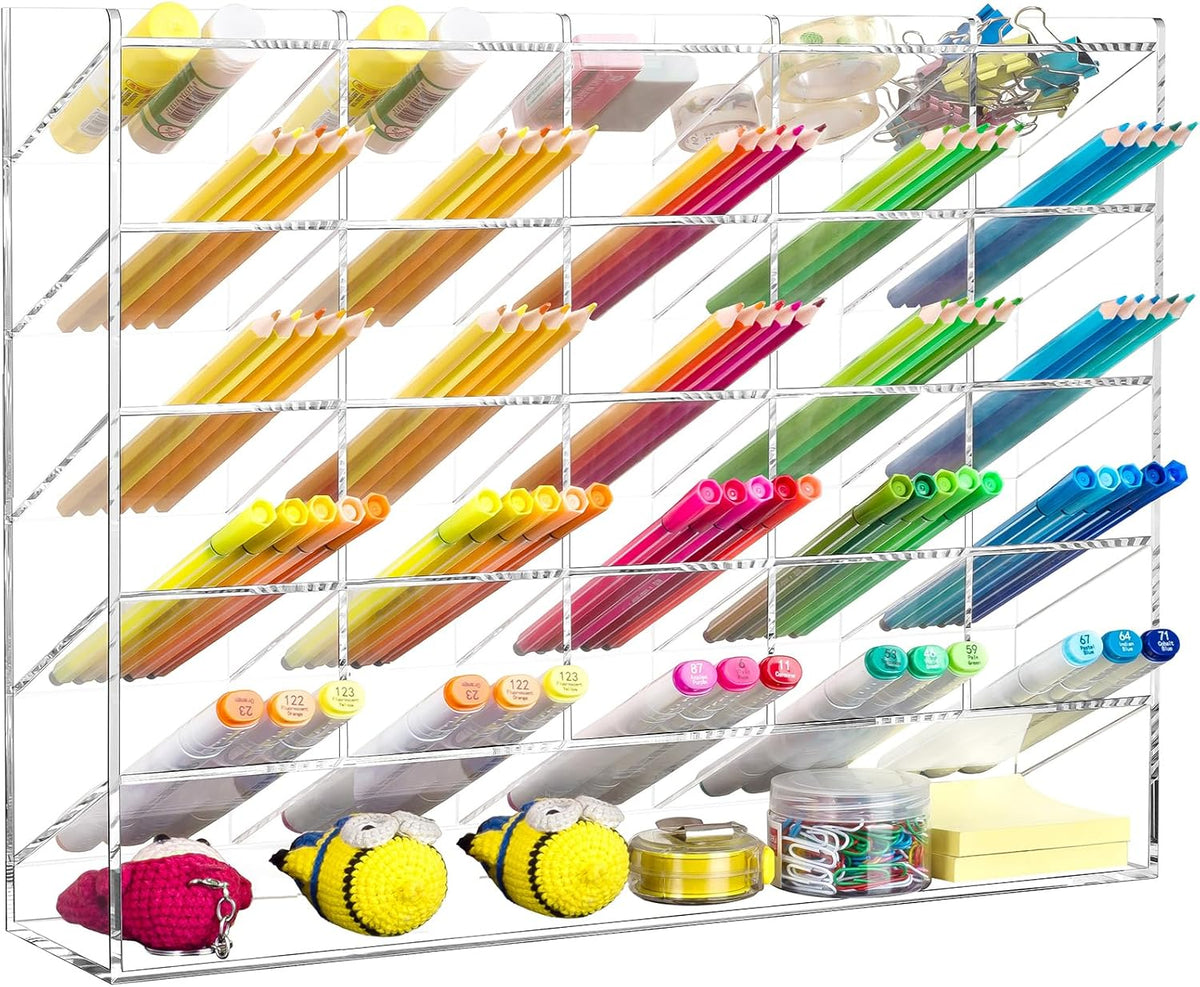 Organizador vertical acrílico BEYGORM para 310 marcadores con 20 compartimentos, portalápices y bolígrafos en ángulo transparente, amplio organizador de escritorio para material de oficina y arte, ideal para la oficina y la escuela (37,9 x 31,5 x 10 cm).
