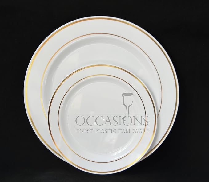 Occasions Platos Desechables de Plástico | Grandes y Pequeños | Blanco con Borde Dorado