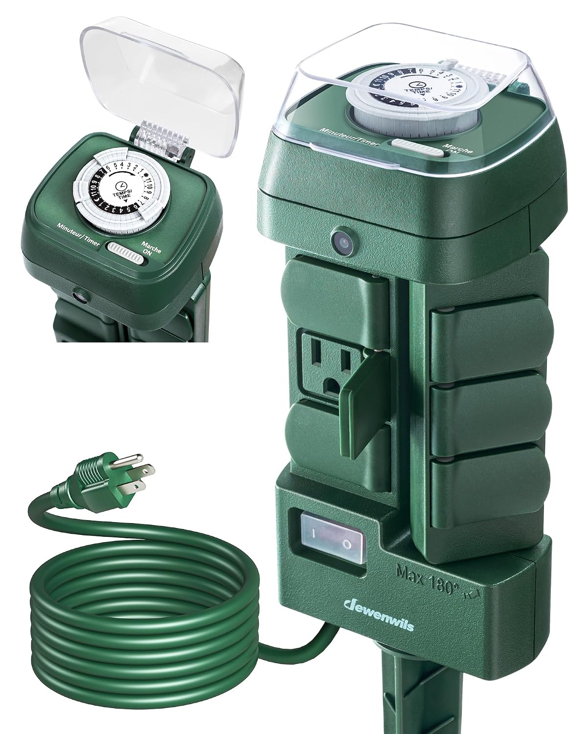 Temporizador Estaca Potencia Mecánico Exterior DEWENWILS, Impermeable, 6 Enchufes Conectados a Tierra (3 Giratorios 180°), Cable 1.82 m, Temporizador Exterior para Luces, Patio, Jardín, 1625W/13A, Certificado UL