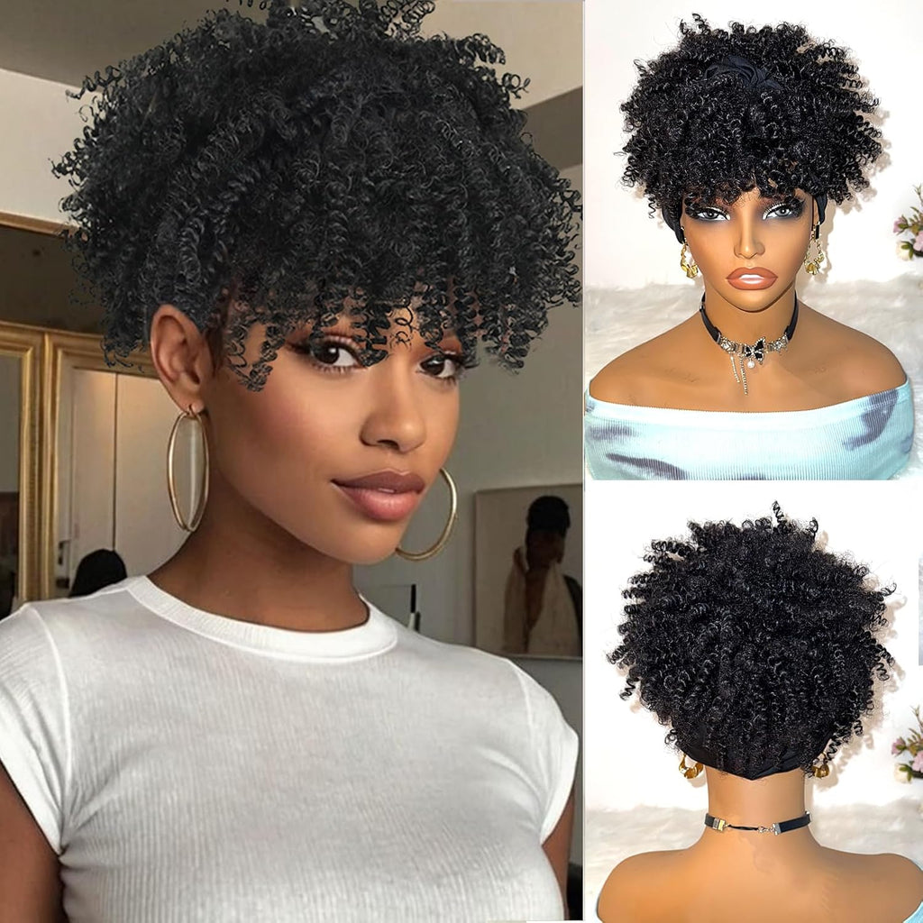 Peluca con diadema afro rizada Mayouda con flequillo para mujer, turbante negro 2 en 1 para mujer, pelucas de bufanda completa rizada, peluca afro rizada corta sintética con volumen alto (Heibu-Black)