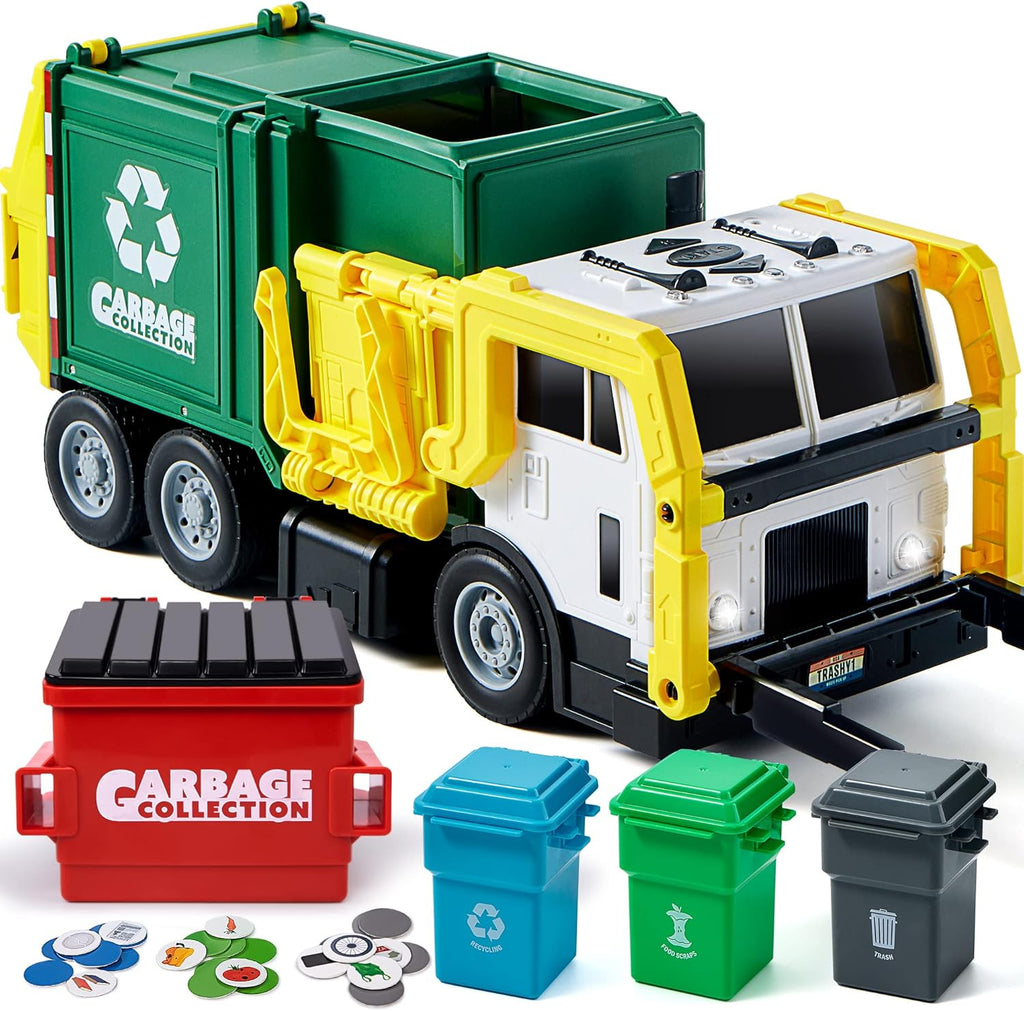 JOYIN Large Friction Powered Garbage Truck Toy Set, Includes Dumpster, Trash Bins, and Learning Cards for Kids, Boy Toys Birthday Gift for Boys Girls Kids Toddler Gift of Easter Basket Stuffers