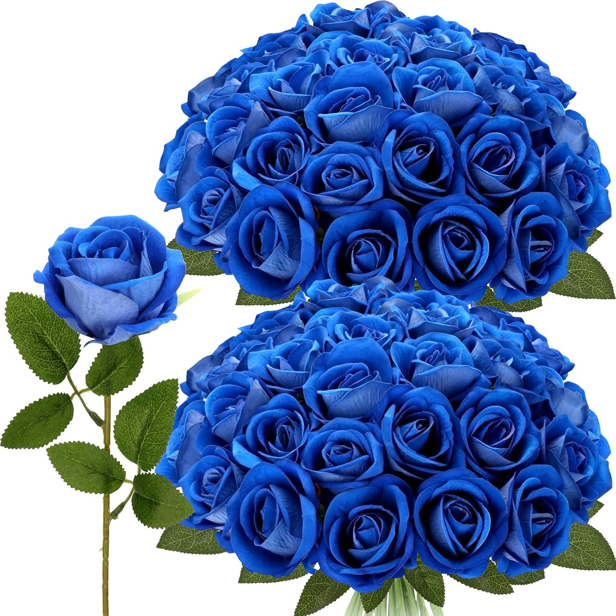 Rosas Artificiales MERIXMAS Pack 24 – Terciopelo Sedoso con Tallos para Centros de Mesa, Bodas y Decoración | Azul