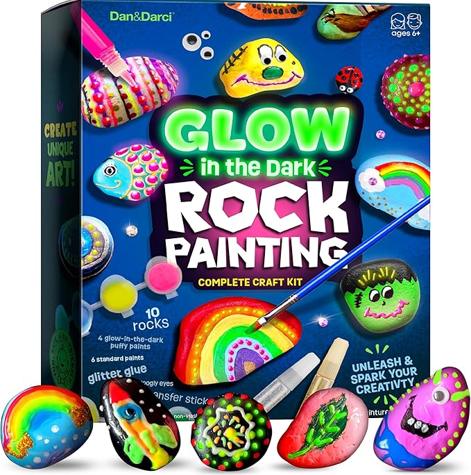Dan&Darci Kit de pintura de roca para niños, brilla en la oscuridad, regalos de Navidad, artes y manualidades para niños y niñas de 6 a 12 años, kits de actividades de manualidades, juguetes de arte