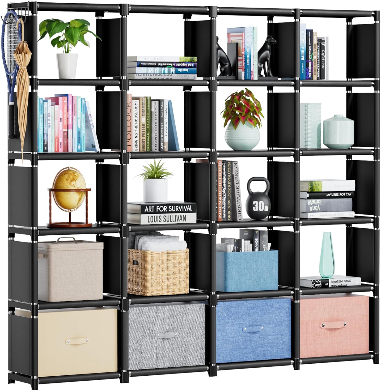 Estantería Mavivegue, organizador de 20 cubos, estantería de metal tipo cubo, estantería alta para dormitorio, sala de estar, oficina, armario, cubículo negro. 