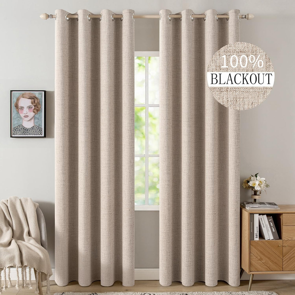 Cortinas Blackout Miulee 52x90" Textura Lino – 100% Opacas, Aislamiento Térmico, Ojales, Beige Natural para Dormitorio y Sala (2 Paneles)