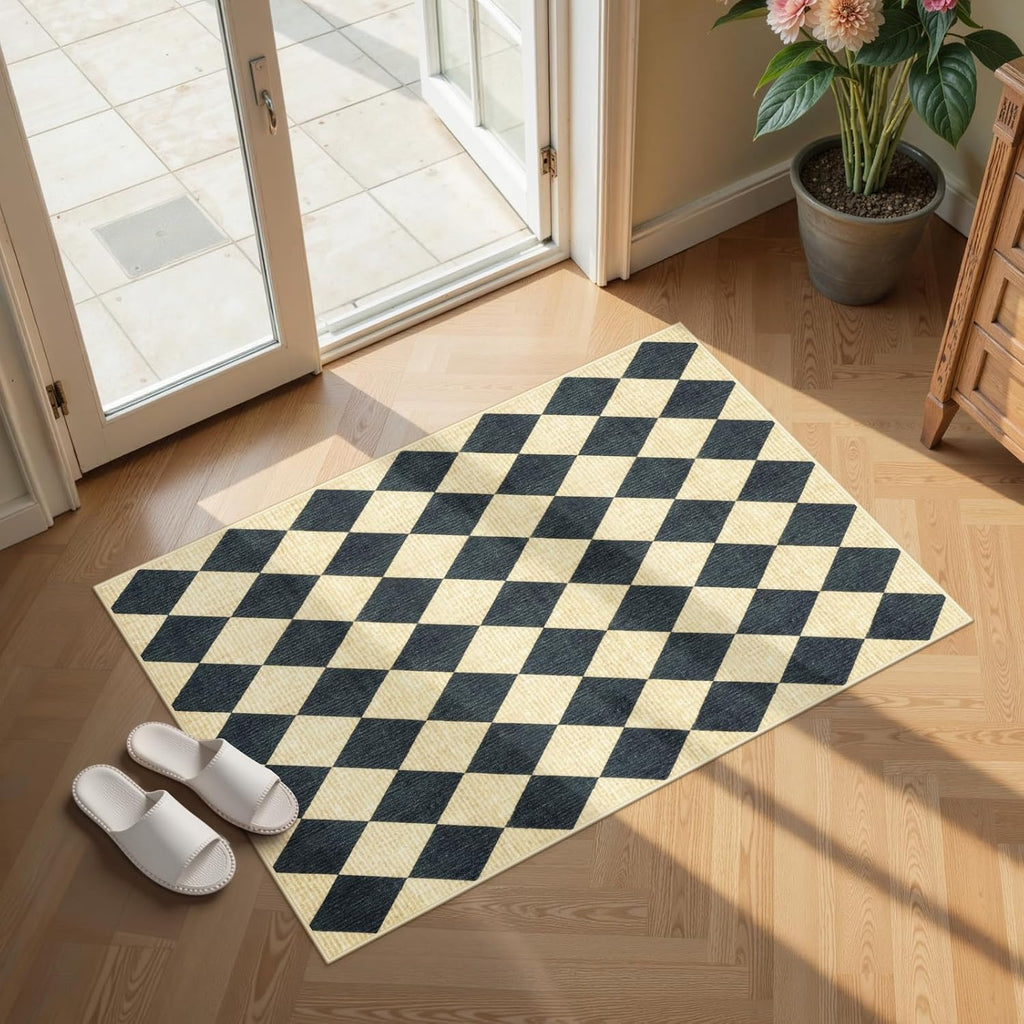 Alfombra a cuadros LIVEBOX - 3x5 Alfombra lavable para entrada Alfombras antideslizantes para dormitorio, alfombras suaves para cocina Alfombra de interior para puerta principal Baño Oficina en casa