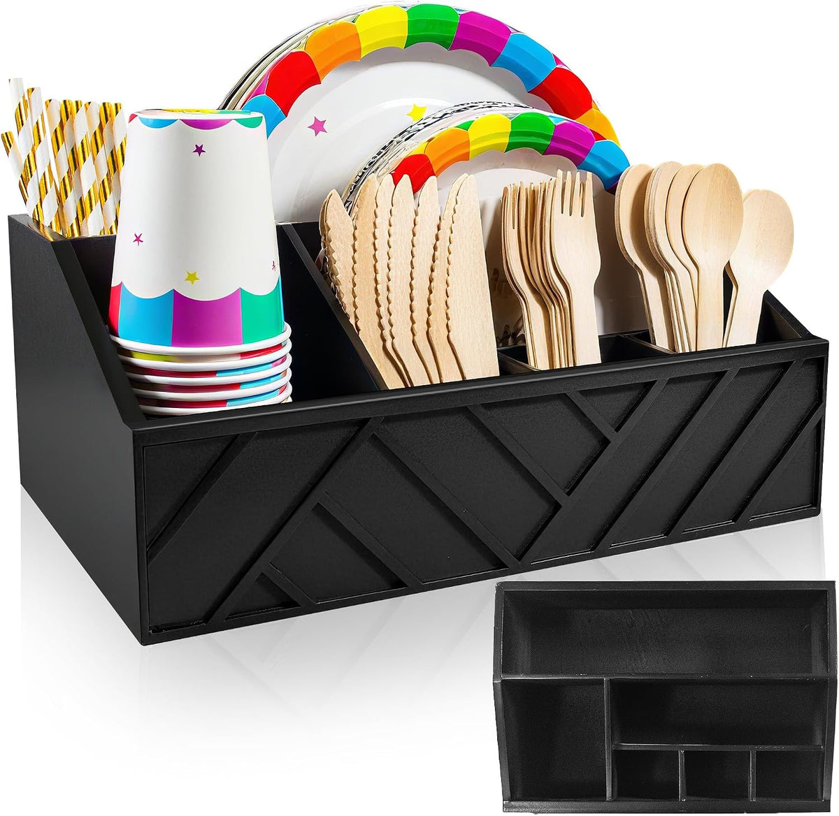 EL MODELO REAL ES BLANCO. Wacloud Dispensador de Platos de Papel con 6 Compartimentos | Organizador de Cubiertos de Madera para Fiestas, BBQ y Camping, Blanco