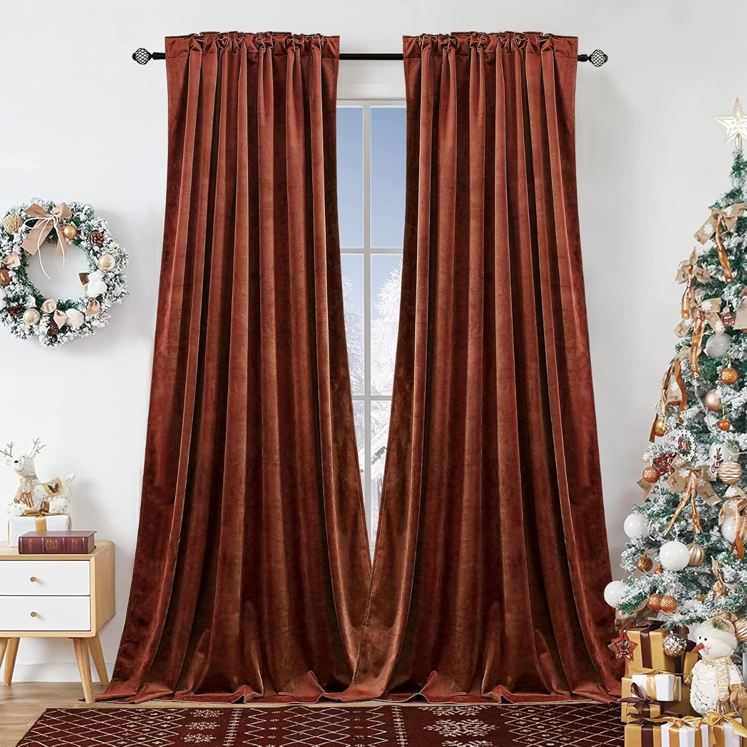 Dchola Burnt Orange Velvet Curtains for Bedroom Window, Super Soft Vintage Luxury Heavy Drapes, Room Darkening Rod Pocket Curtain for Living Room, W52 by L108 inches, 2 Panels