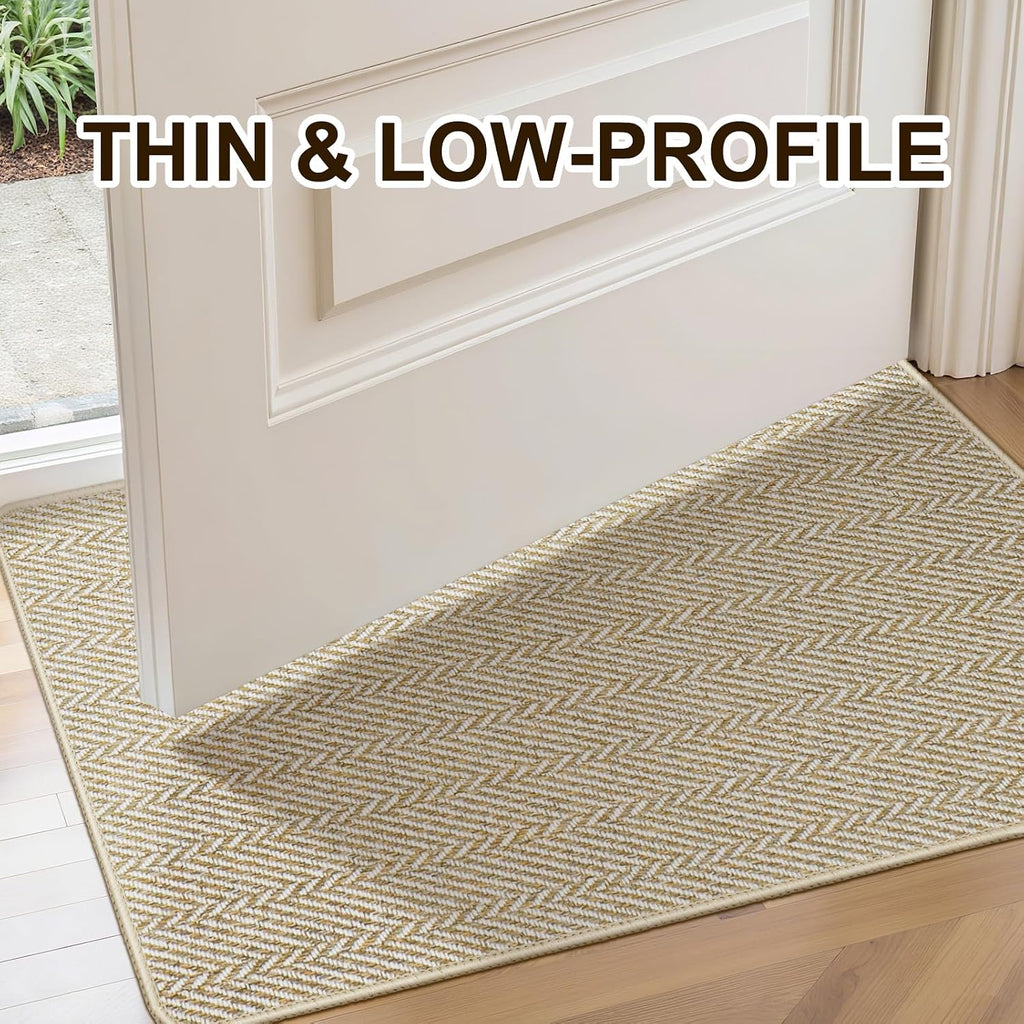 Alfombra ultrafino para entrada interior de 27 x 16 pulgadas alfombra de perfil bajo para interiores, alfombra antideslizante con base de goma, diseño único de espiga, alfombra interior que atrapa la suciedad, alfombra de entrada, color beige.