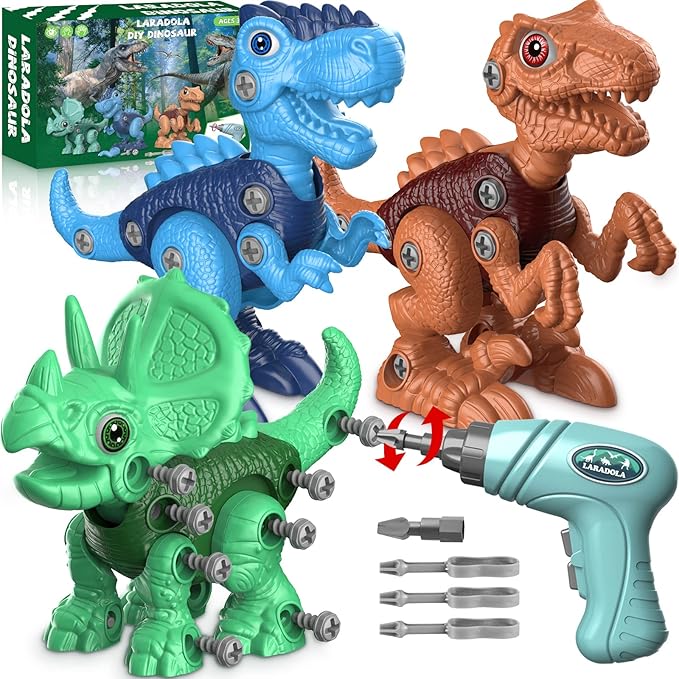 Laradola Juguetes de dinosaurio para niños de 3, 4, 5, 6, 7, 8 años, juguetes de dinosaurio desarmables para niños de 3 a 5 y de 5 a 7 años, juguetes de construcción STEM, con taladro eléctrico