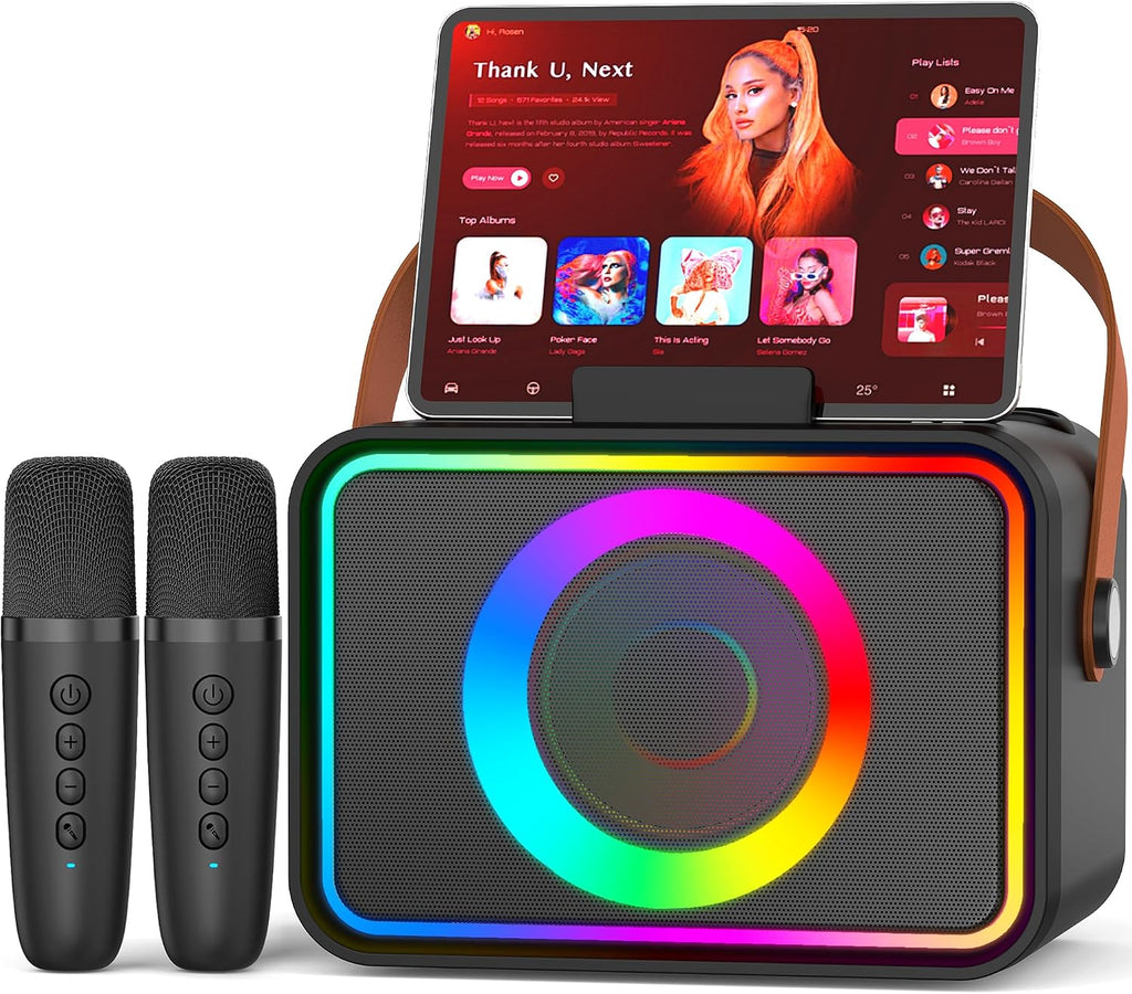 Máquina de karaoke, altavoz Bluetooth portátil con 2 micrófonos inalámbricos para adultos y niños con luces LED, micrófono de karaoke con sistema de megafonía compatible con USB/TF/AUX, regalo para fiestas (negro)