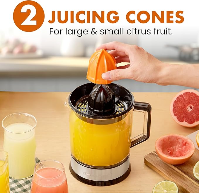 Elite Gourmet ETS740 Exprimidor eléctrico de cítricos de 40 W sin BPA con 2 conos, compacto, gran volumen, control de pulpa, naranjas, limones, limas, pomelos con boquilla fácil de verter, 1.2 L