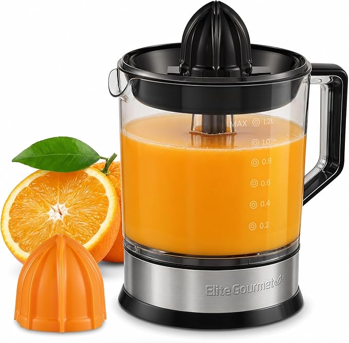 Elite Gourmet ETS740 Exprimidor eléctrico de cítricos de 40 W sin BPA con 2 conos, compacto, gran volumen, control de pulpa, naranjas, limones, limas, pomelos con boquilla fácil de verter, 1.2 L