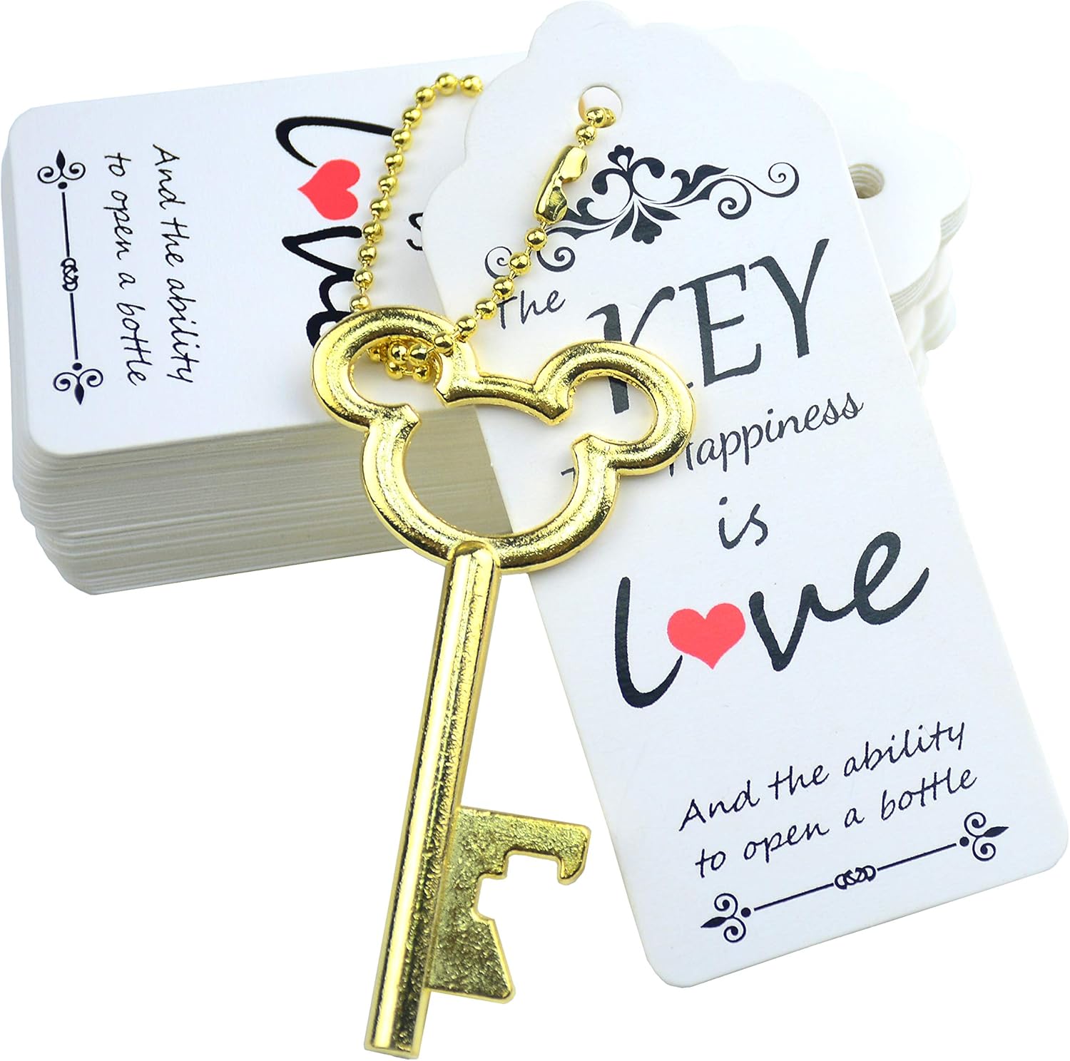 Aokbean 52pcs Vintage Skeleton Key Bottle Opener Party Favor Wedding Favor Guest Souvenir Gift Set with Escort Thank You Tag Card and Keychain (Antique Silver)
