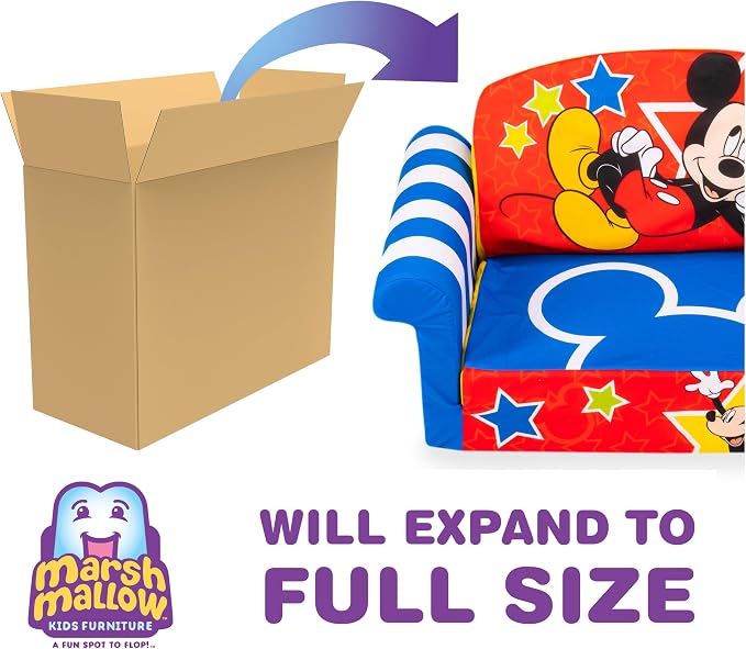 Sofá Cama 2 en 1 Marshmallow para Niños – Diseño Mickey Mouse, Espuma Abatible para Descansar y Dormir