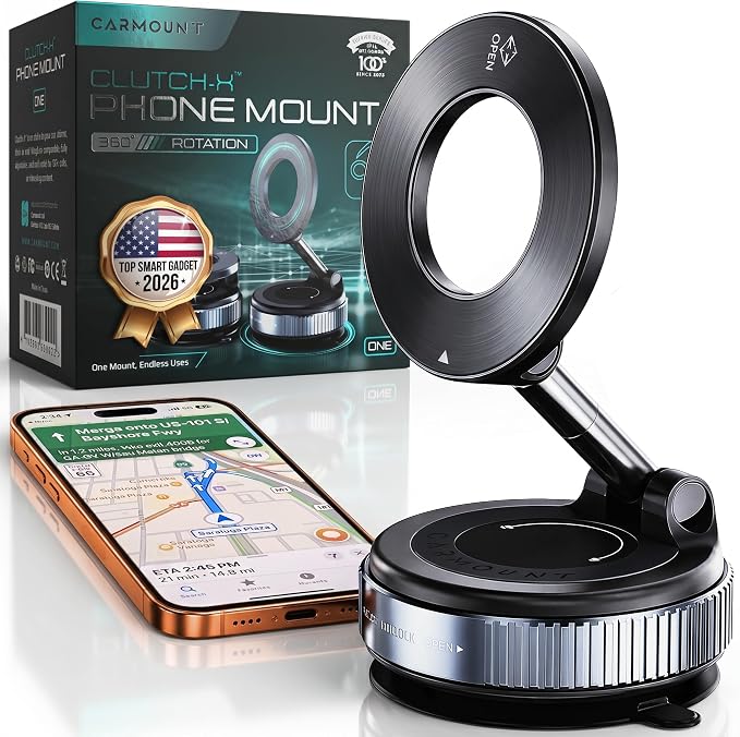CARMOUNT Clutch-X™ Black - Soporte de teléfono con ventosa para iPhone con ventosa para iPhone, soporte de teléfono de ventana para viajes, soporte magnético de teléfono de vacío de 360° para automóvil, soporte magnético para teléfono con ventosa