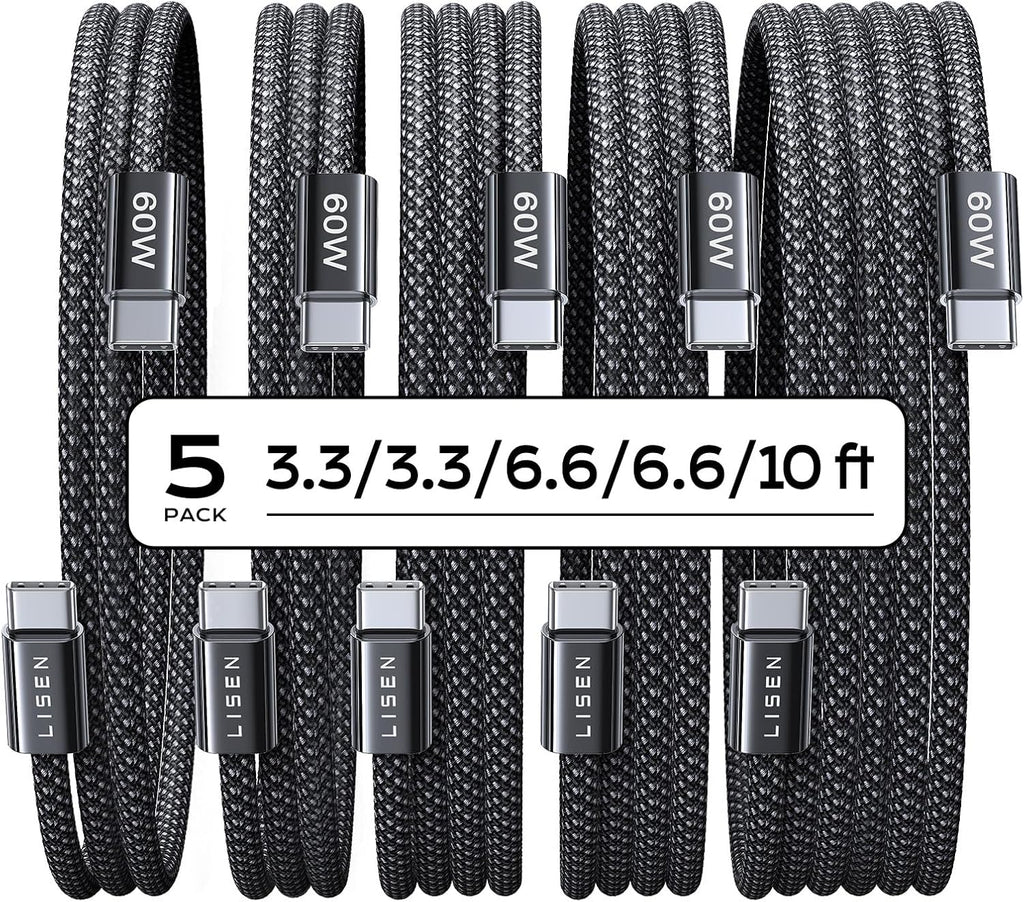 Cable USB-C a USB-C LISEN 5 Pack — Carga Rápida 60W, Longitudes 1m/1m/2m/2m/3m, Compatible con iPhone 17, iPad y Samsung
