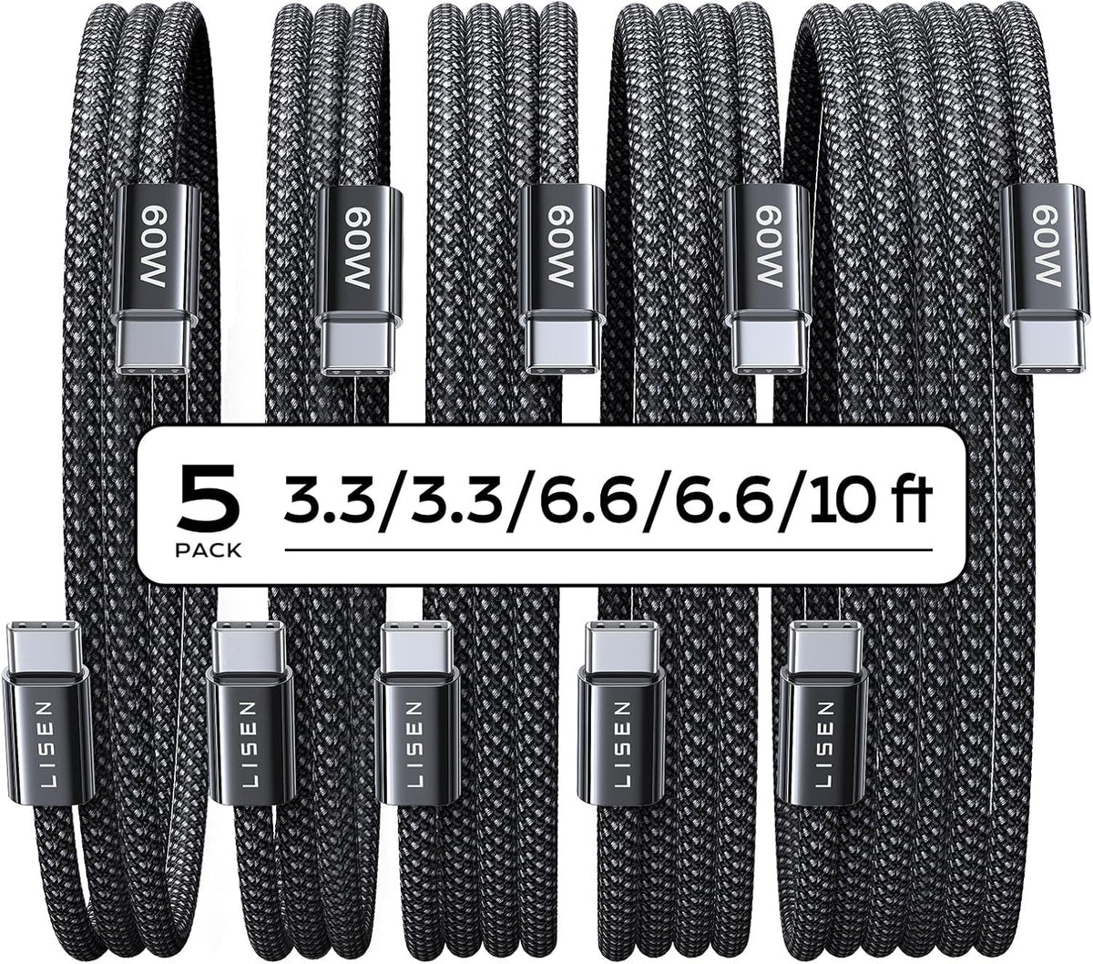 Cable USB-C a USB-C LISEN 5 Pack — Carga Rápida 60W, Longitudes 1m/1m/2m/2m/3m, Compatible con iPhone 17, iPad y Samsung