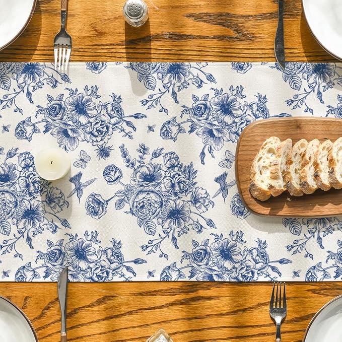 Artoid Mode - Camino de mesa floral azul marino primaveral chinoiserie, decoración de mesa de cocina y comedor estacional de verano para decoración de fiesta en el hogar, 13 x 72 pulgadas