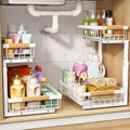 Organizador bajo fregadero PXRACK, altura ajustable, organizador extraíble de 2 niveles para debajo del armario, almacenamiento deslizante de metal grueso bajo el fregadero para cocina, baño, lavandería, despensa, blanco, paquete grande de 2