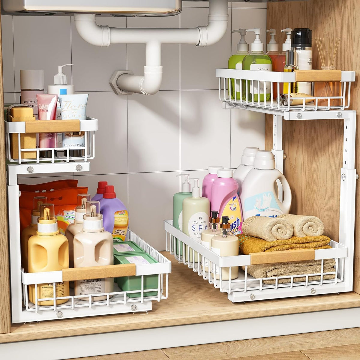 Organizador bajo fregadero PXRACK, altura ajustable, organizador extraíble de 2 niveles para debajo del armario, almacenamiento deslizante de metal grueso bajo el fregadero para cocina, baño, lavandería, despensa, blanco, paquete grande de 2