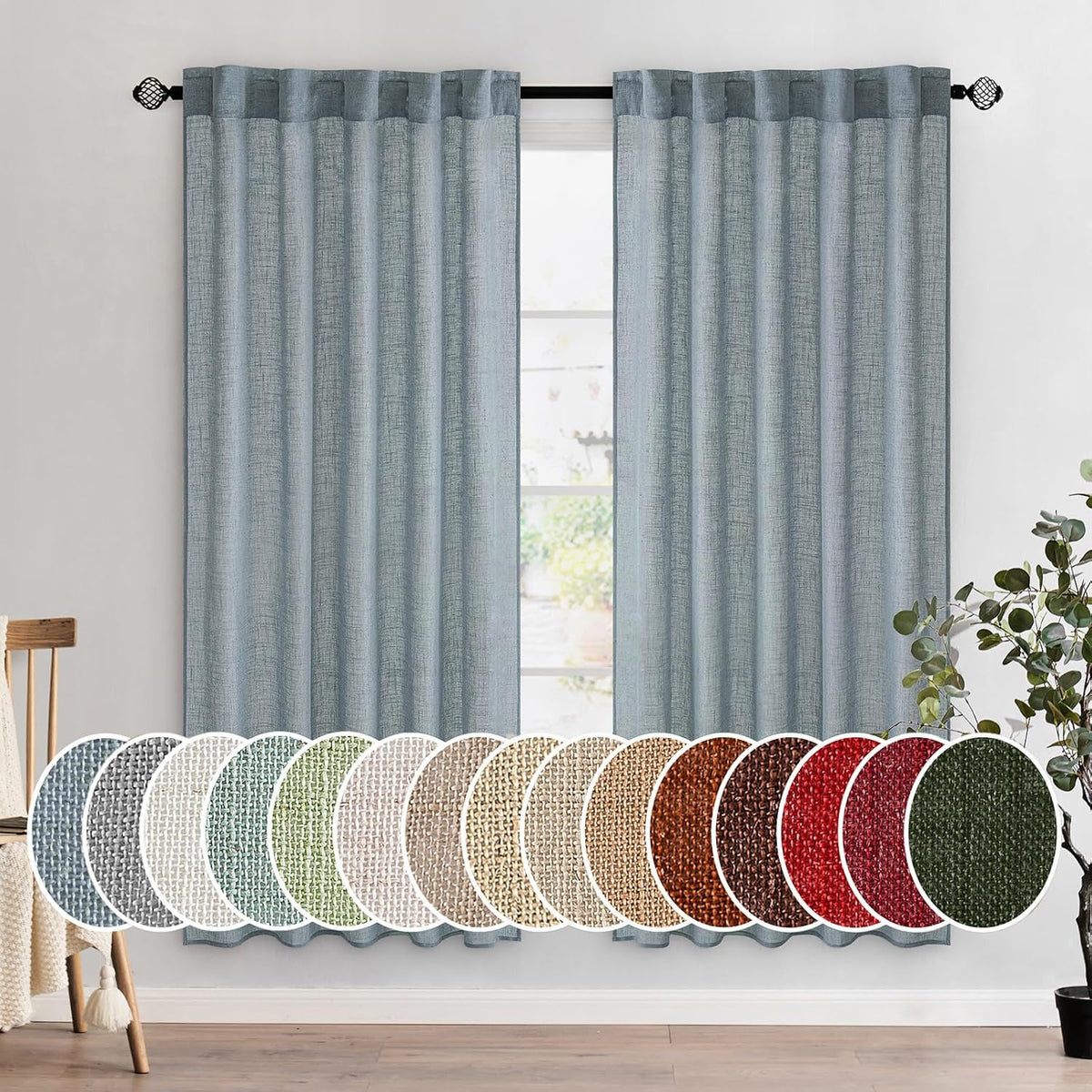 MIULEE Cortinas de lino azul polvoriento de 72 pulgadas de largo, 2 paneles para dormitorio, sala de estar, cortinas de ventana con textura de lino suave y grueso, semitransparentes, filtro de luz