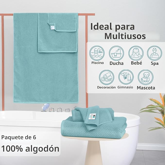 Toallas para baño, 100% algodón, ligeras, gruesas, suaves, de secado rápido, juego de 6 toallas de baño grandes, 2 toallas de baño de 30 x 56 pulgadas, 2 de mano de 18 x 28 pulgadas, 2 paños de 13 x | 2 Bath 30x56 In, 2 Hand 18x28 In, 2 Washcloths 13x13
