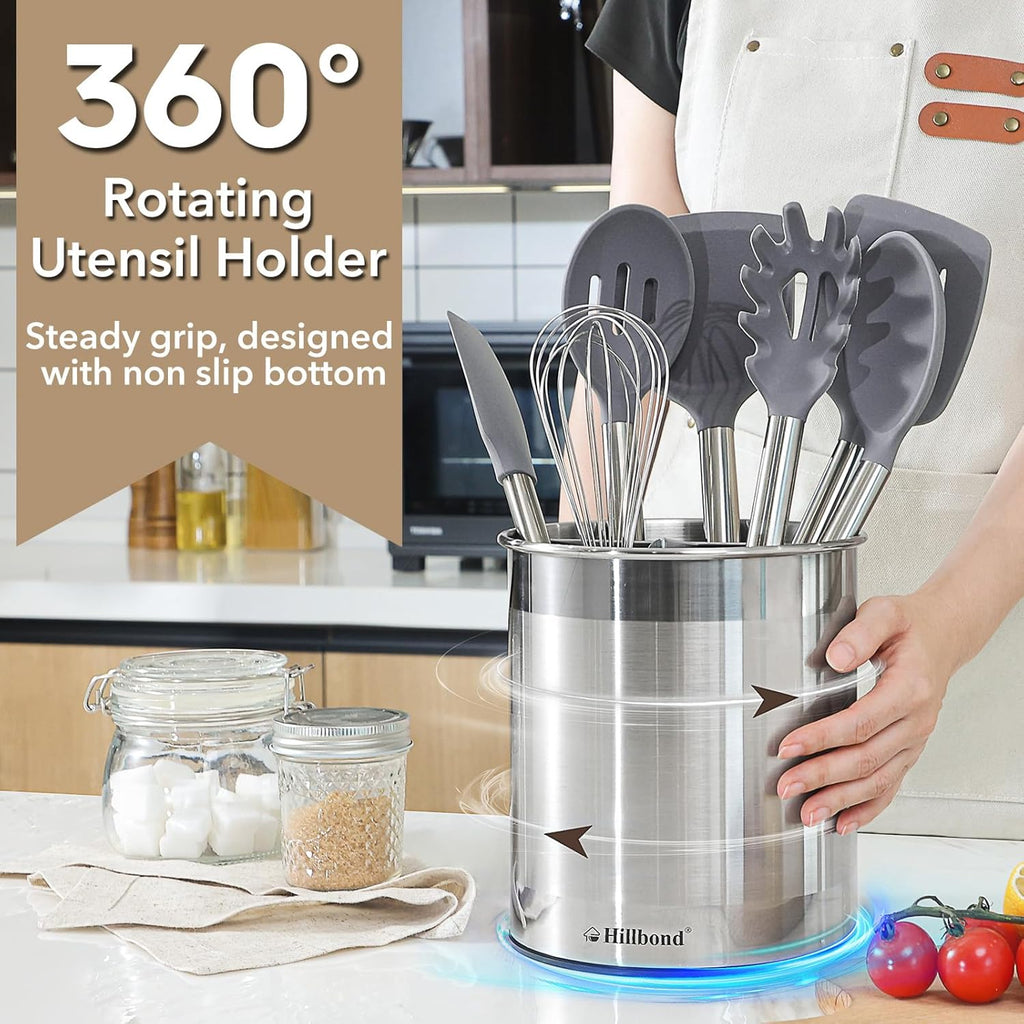 Hillbond Soporte de utensilios de acero inoxidable para encimera de cocina con divisor extraíble, soporte de utensilios de metal de 6.9 x 7.5 pulgadas para encimera, espátula giratoria de 360°