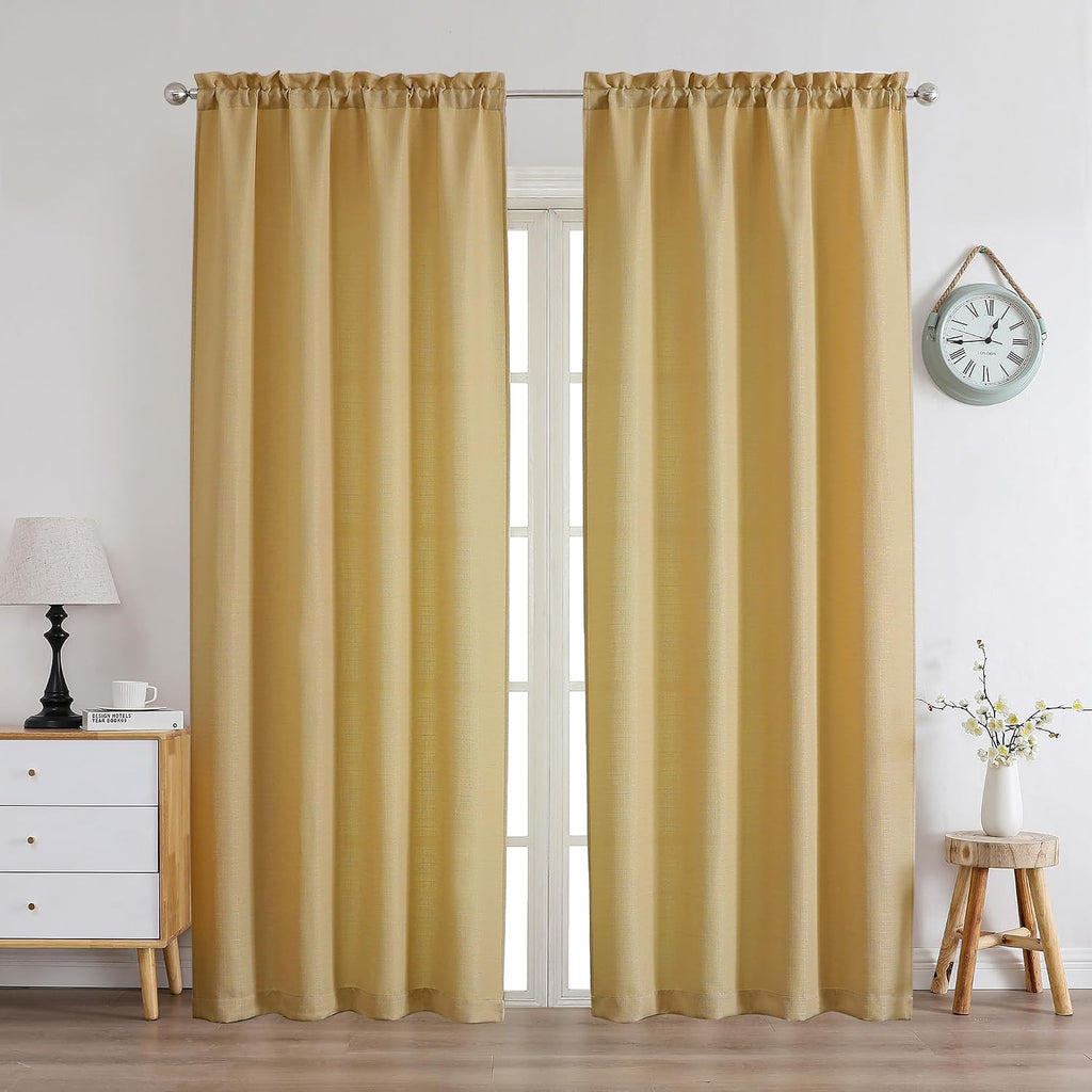 Chyhomenyc Cortinas Doradas 213cm de Largo | Set de 2 Paneles, Lino Sintetico Semitransparente Filtrante | Estilo Granja, 101x213cm