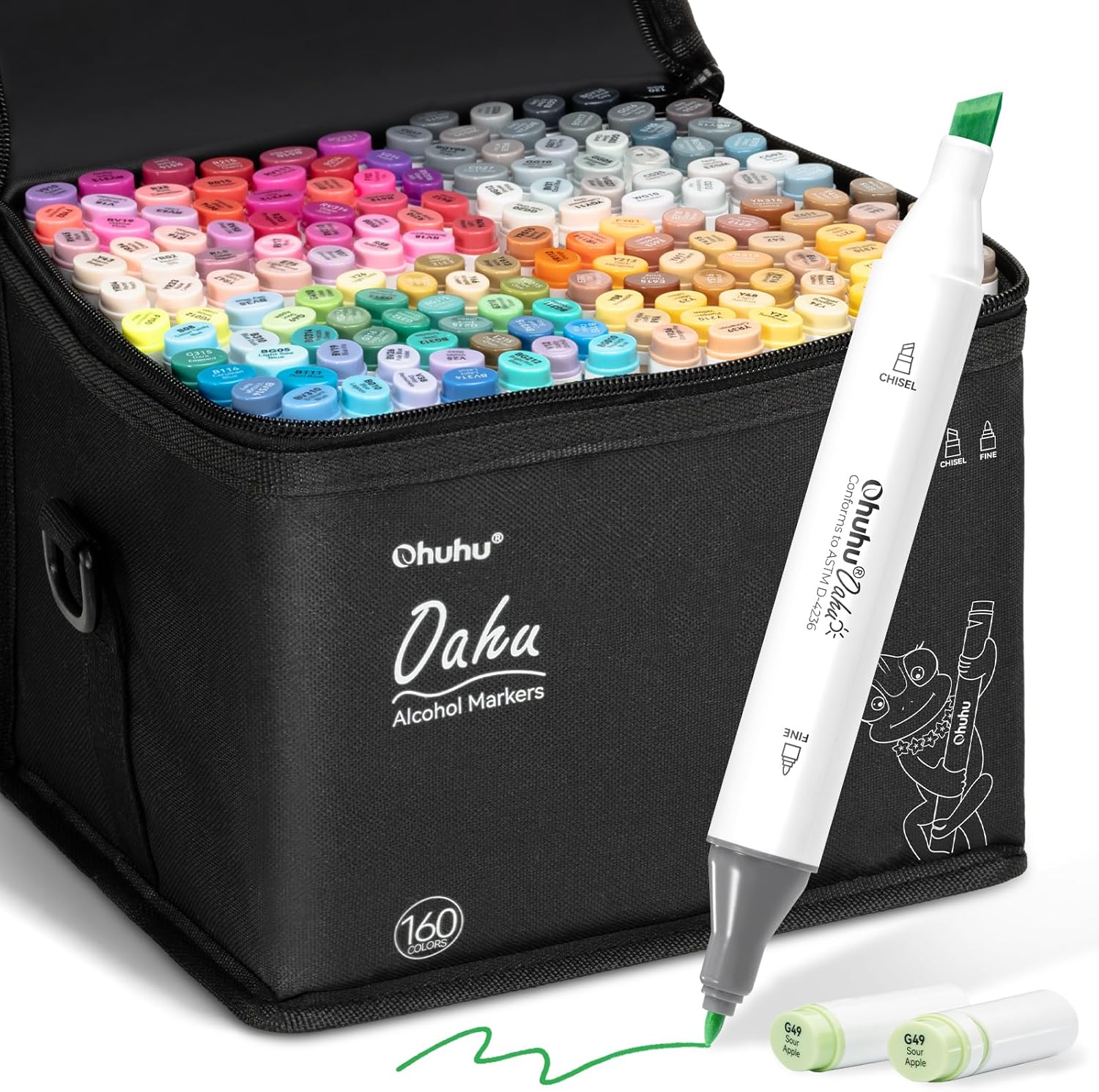 Marcadores de Alcohol Ohuhu 160 Colores + Mezclador - Doble Punta Cincel y Fina, Recargables, Certificados AP, Para Artistas, Ilustración y Bocetos - Serie Oahu